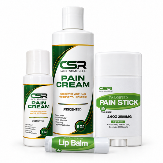 Catch Some Relief Relief Club bundle with lip balm, 2-ounce cream, pain stick, and 8-ounce cream
