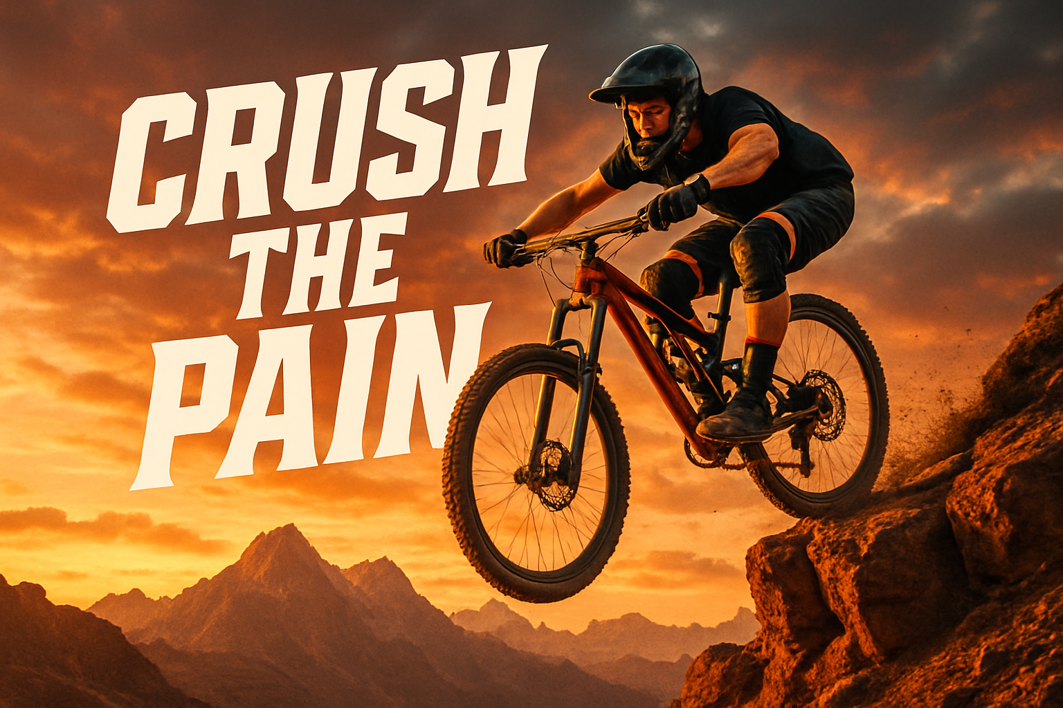 Someone doing outdoor extreme sports. With a caption that says Crush The Pain"